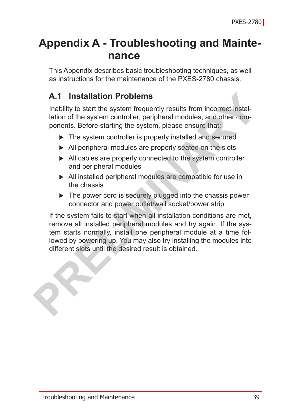 Appendix a - troubleshooting and maintenance, A.1 installation problems, A appendix: troubleshooting and maintenance | Installation problems, Preliminary, Appendix a - troubleshooting and mainte- nance | ADLINK PXES-2780 User Manual | Page 49 / 56