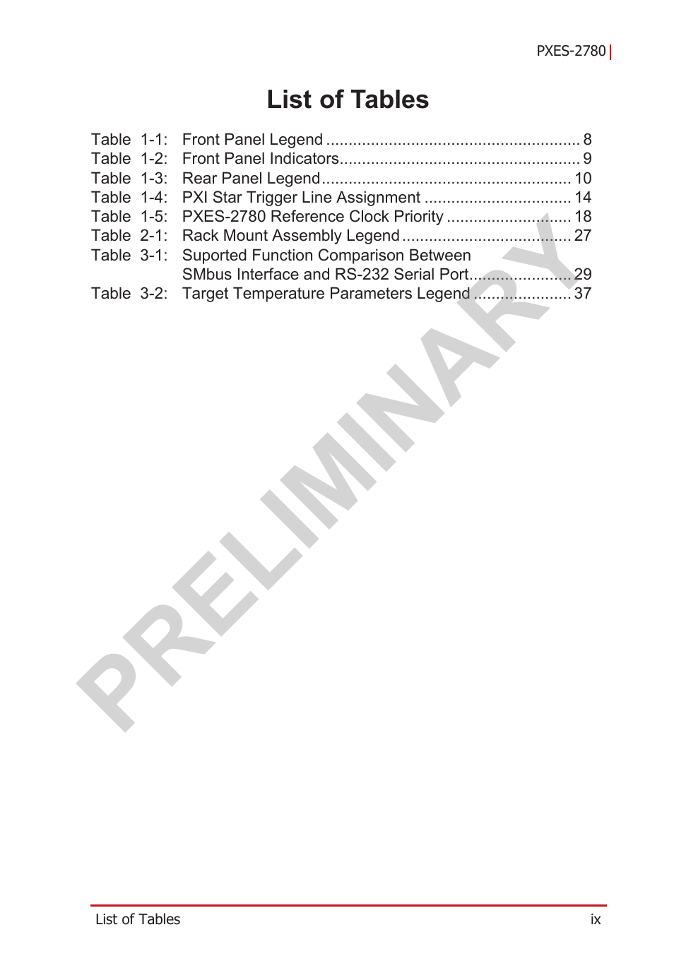 List of tables, Preliminary | ADLINK PXES-2780 User Manual | Page 9 / 56