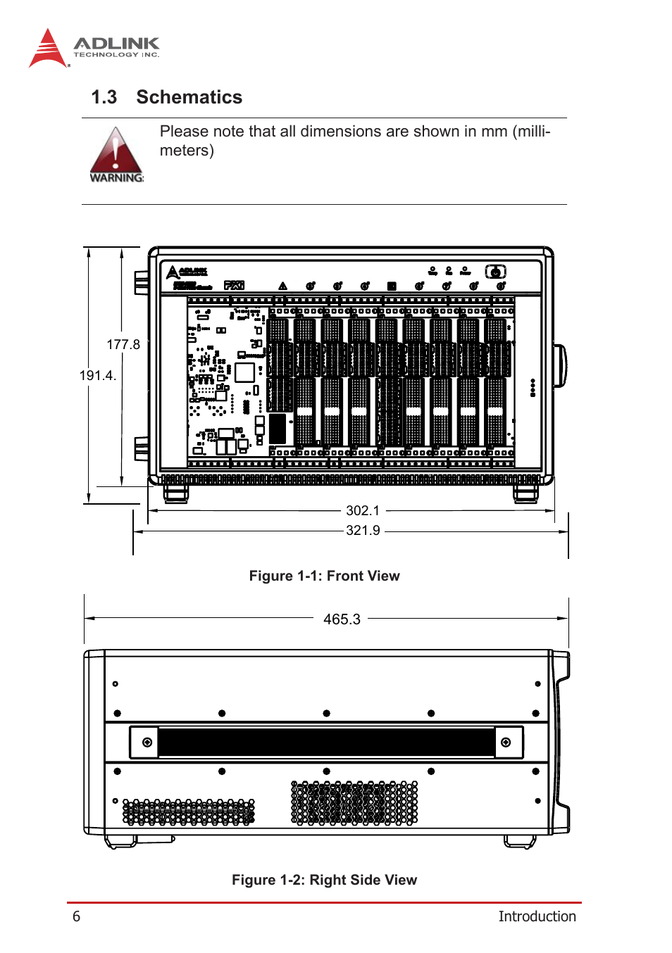 3 schematics, Schematics, Figure 1-1 | Front view, Figure 1-2, Right side view | ADLINK PXES-2590 User Manual | Page 16 / 90