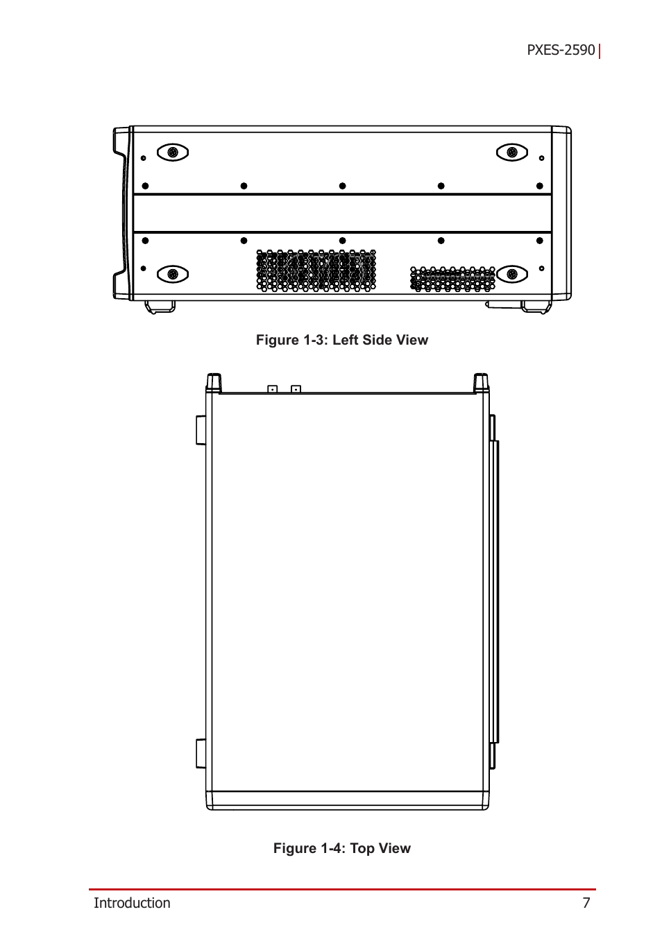 Figure 1-3, Left side view, Figure 1-4 | Top view | ADLINK PXES-2590 User Manual | Page 17 / 90