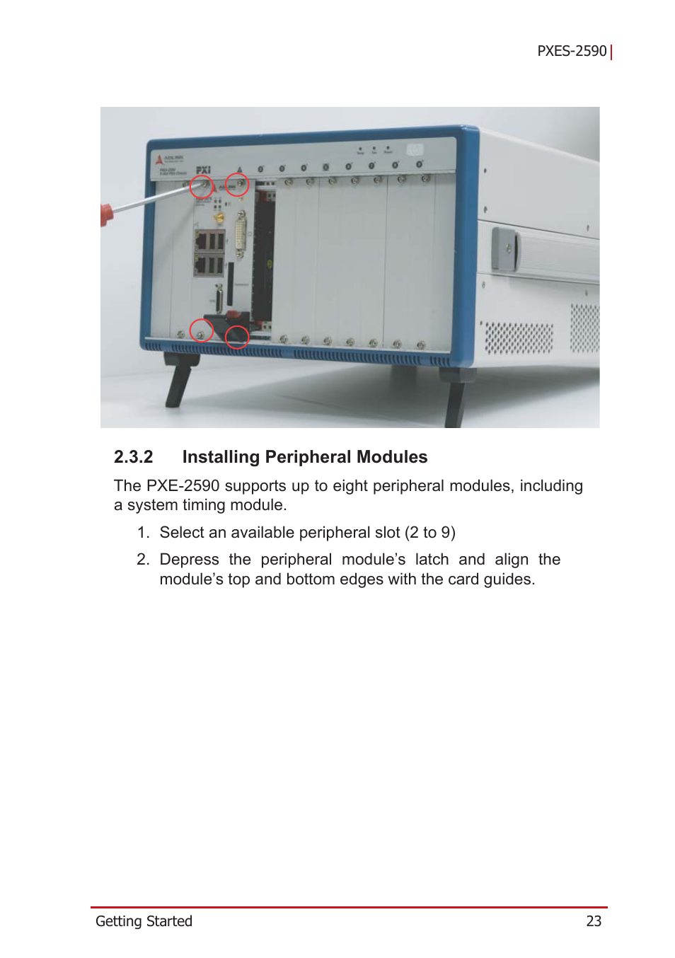 2 installing peripheral modules, Installing peripheral modules | ADLINK PXES-2590 User Manual | Page 33 / 90