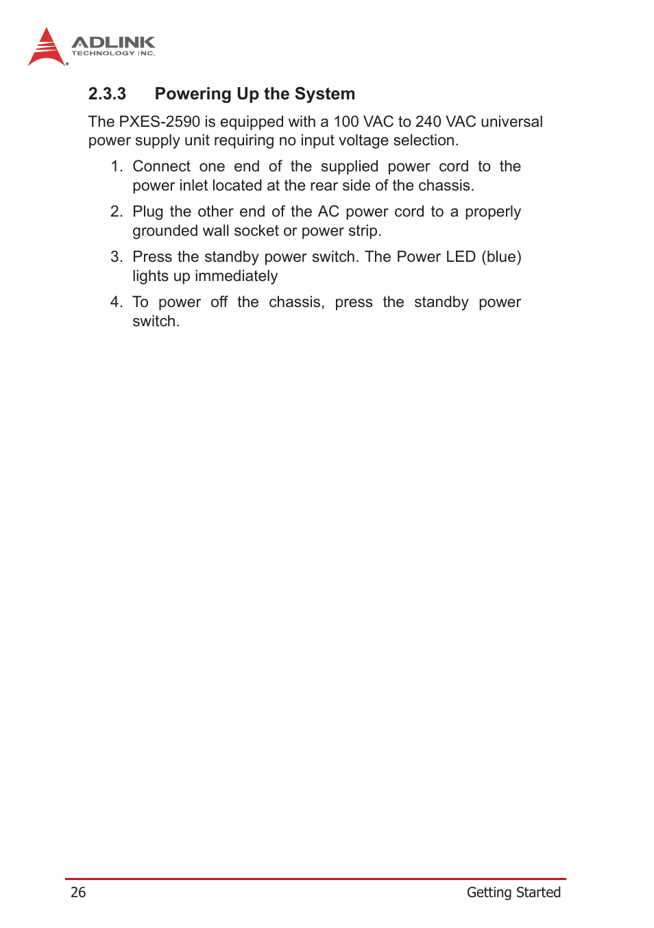 3 powering up the system, Powering up the system | ADLINK PXES-2590 User Manual | Page 36 / 90