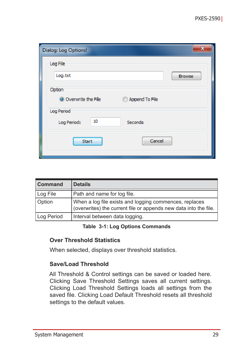 Table 3-1: log options commands | ADLINK PXES-2590 User Manual | Page 39 / 90