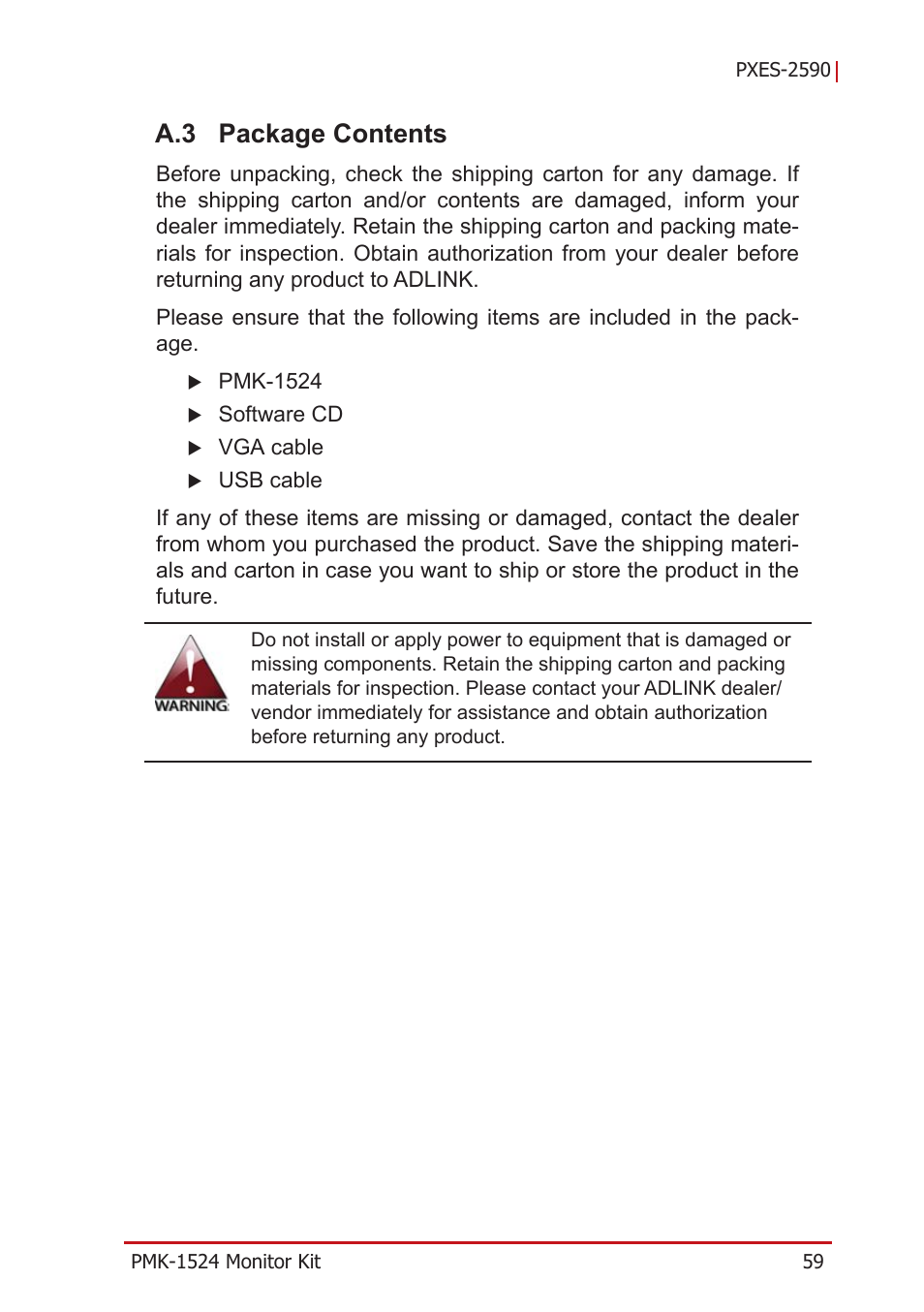 A.3 package contents, Package contents | ADLINK PXES-2590 User Manual | Page 69 / 90