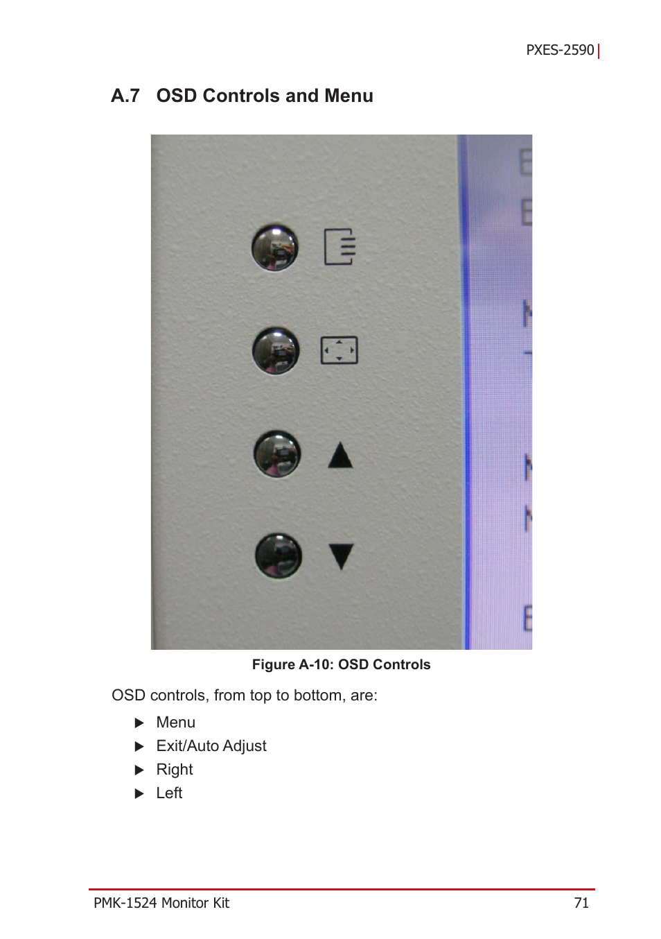 A.7 osd controls and menu, Osd controls and menu, Figure a-10 | Osd controls | ADLINK PXES-2590 User Manual | Page 81 / 90