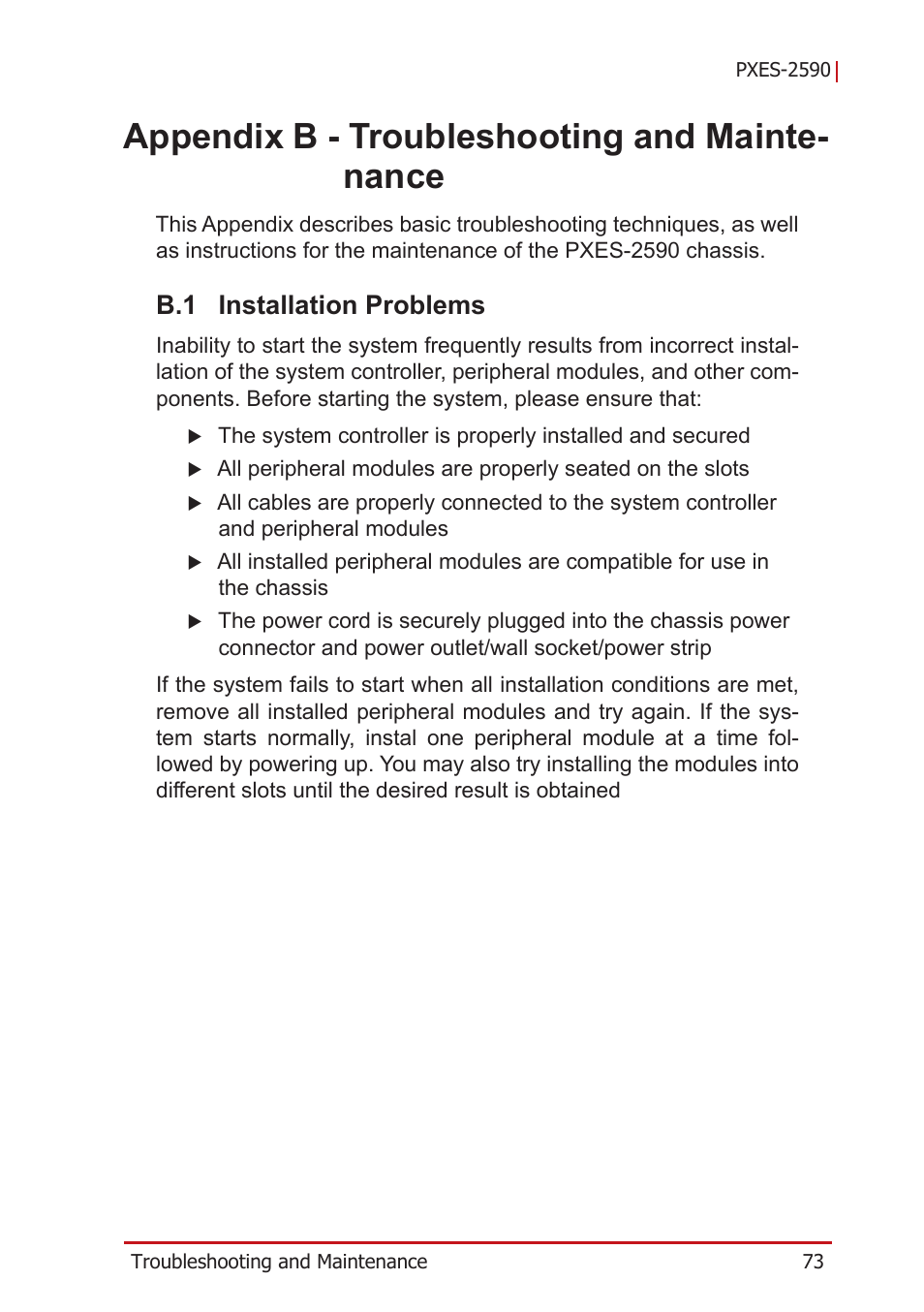 Appendix b - troubleshooting and maintenance, B.1 installation problems, B appendix: troubleshooting and maintenance | Installation problems, Appendix b - troubleshooting and mainte- nance | ADLINK PXES-2590 User Manual | Page 83 / 90