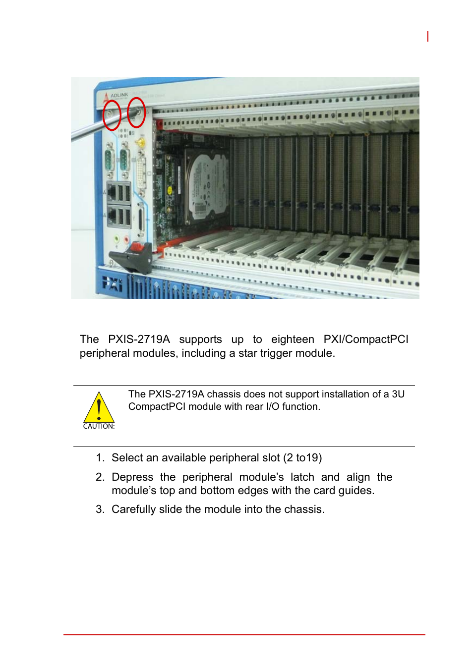 2 installing peripheral modules, Installing peripheral modules | ADLINK PXIS-2719A User Manual | Page 33 / 70