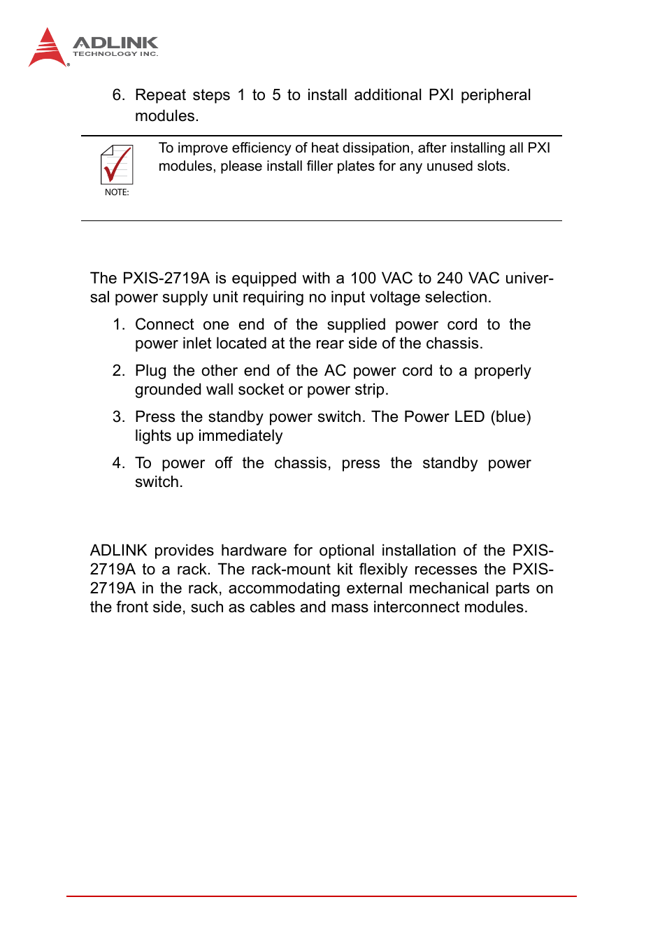 3 powering up the system, 4 rack mounting, Powering up the system | Rack mounting | ADLINK PXIS-2719A User Manual | Page 36 / 70