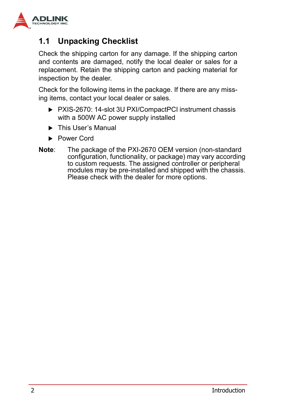 1 unpacking checklist, Unpacking checklist | ADLINK PXIS-2670 User Manual | Page 10 / 46