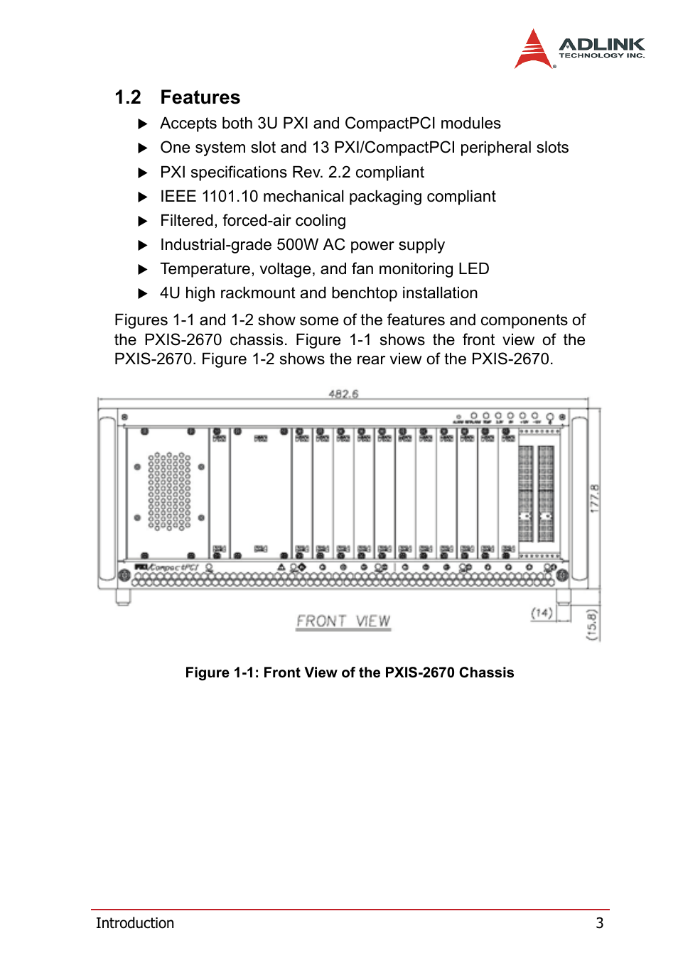 2 features, Features, Figure 1-1: front view of the pxis-2670 chassis | ADLINK PXIS-2670 User Manual | Page 11 / 46