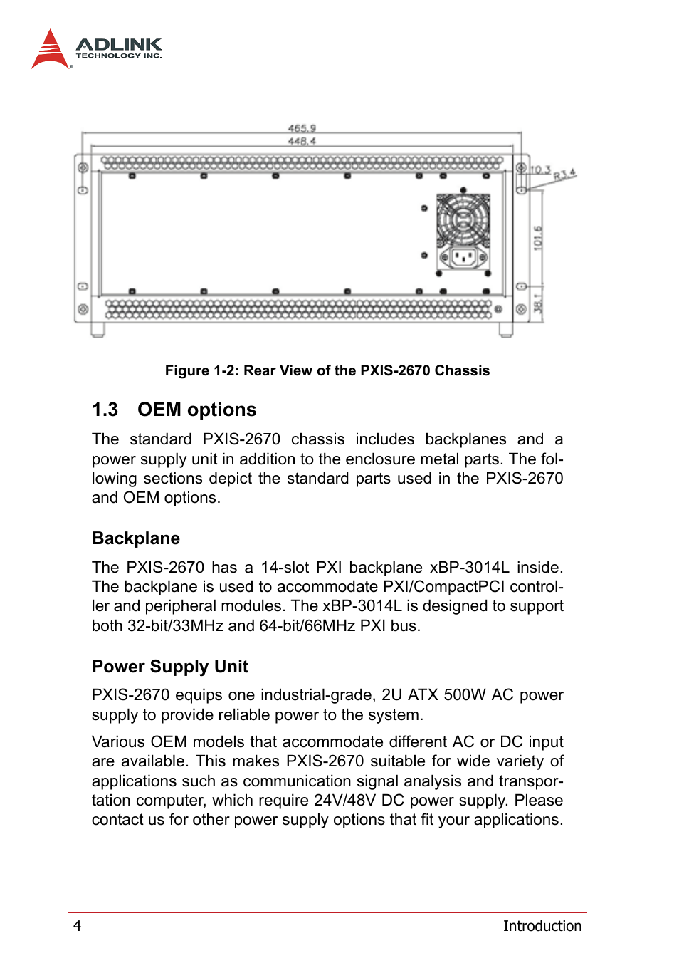 3 oem options, Backplane, Power supply unit | Oem options, Backplane power supply unit, Figure 1-2: rear view of the pxis-2670 chassis | ADLINK PXIS-2670 User Manual | Page 12 / 46