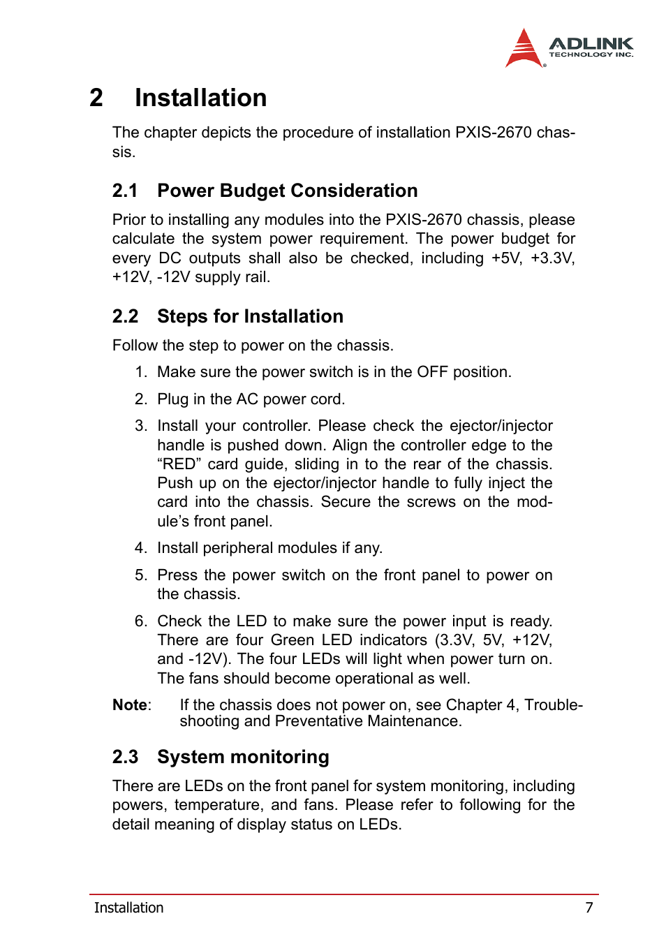 2 installation, 1 power budget consideration, 2 steps for installation | 3 system monitoring, Power budget consideration, Steps for installation, System monitoring, 2installation | ADLINK PXIS-2670 User Manual | Page 15 / 46
