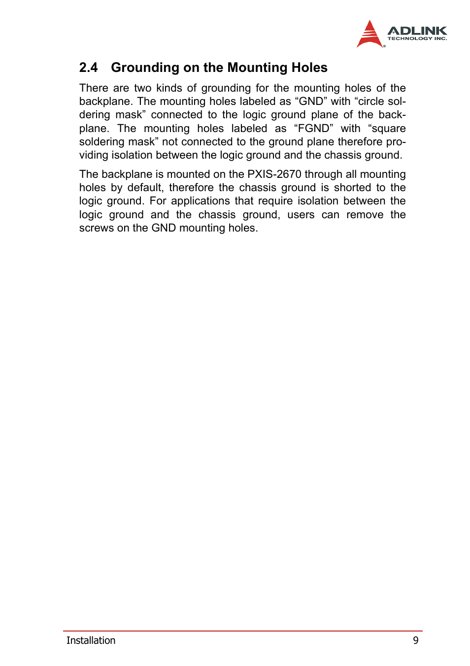 4 grounding on the mounting holes, Grounding on the mounting holes | ADLINK PXIS-2670 User Manual | Page 17 / 46