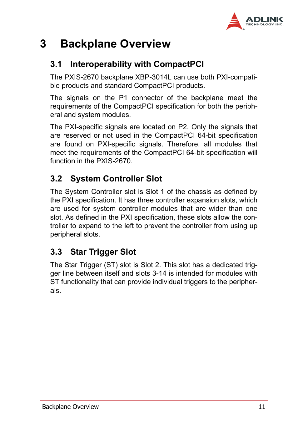 3 backplane overview, 1 interoperability with compactpci, 2 system controller slot | 3 star trigger slot, Interoperability with compactpci, System controller slot, Star trigger slot, 3backplane overview | ADLINK PXIS-2670 User Manual | Page 19 / 46