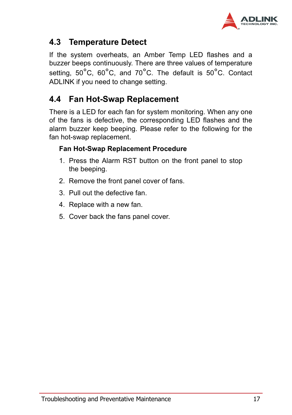 3 temperature detect, 4 fan hot-swap replacement, Temperature detect | Fan hot-swap replacement | ADLINK PXIS-2670 User Manual | Page 25 / 46