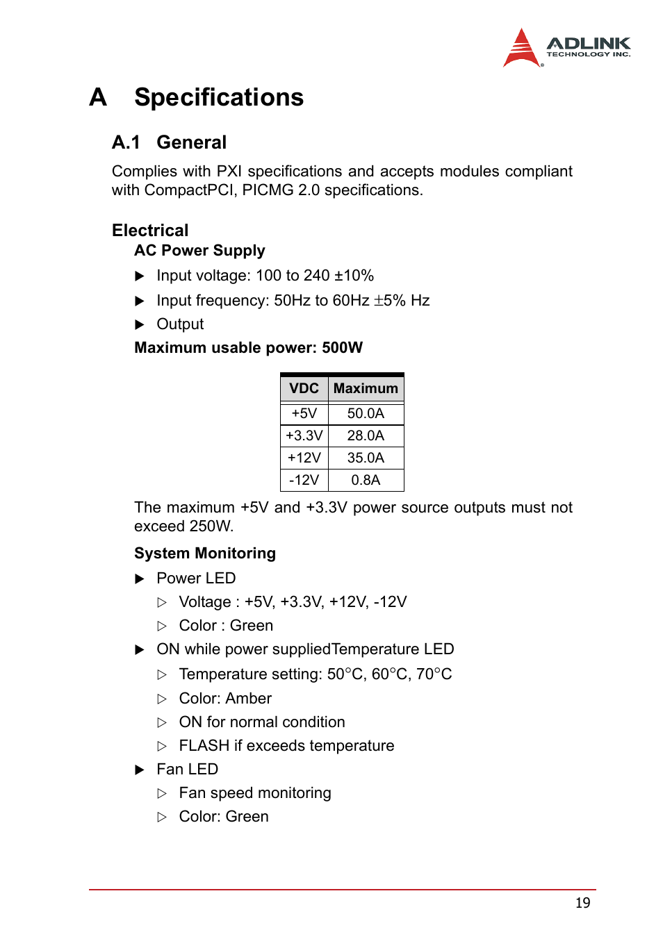 A specifications, A.1 general, Electrical | General | ADLINK PXIS-2670 User Manual | Page 27 / 46