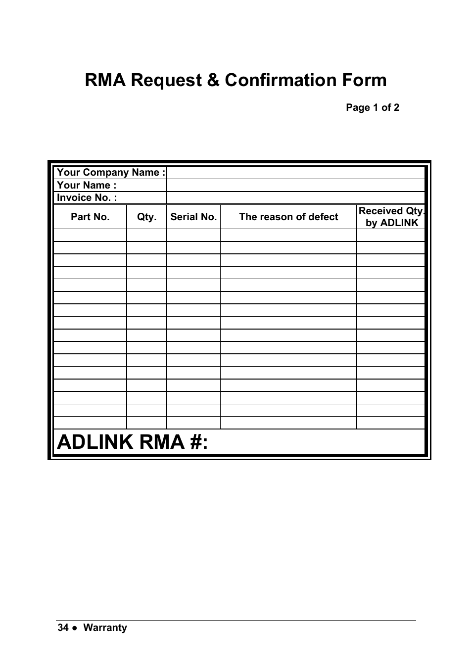 Adlink rma, Rma request & confirmation form | ADLINK PXIS-2630 Series User Manual | Page 40 / 41