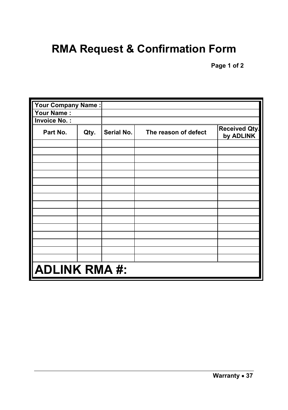 Adlink rma, Rma request & confirmation form | ADLINK PXIS-2630 Series User Manual | Page 43 / 44