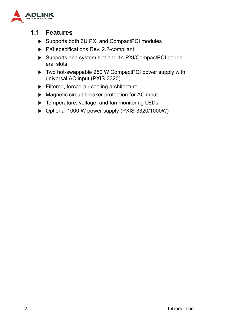 1 features, Features | ADLINK PXIS-3320 User Manual | Page 10 / 50