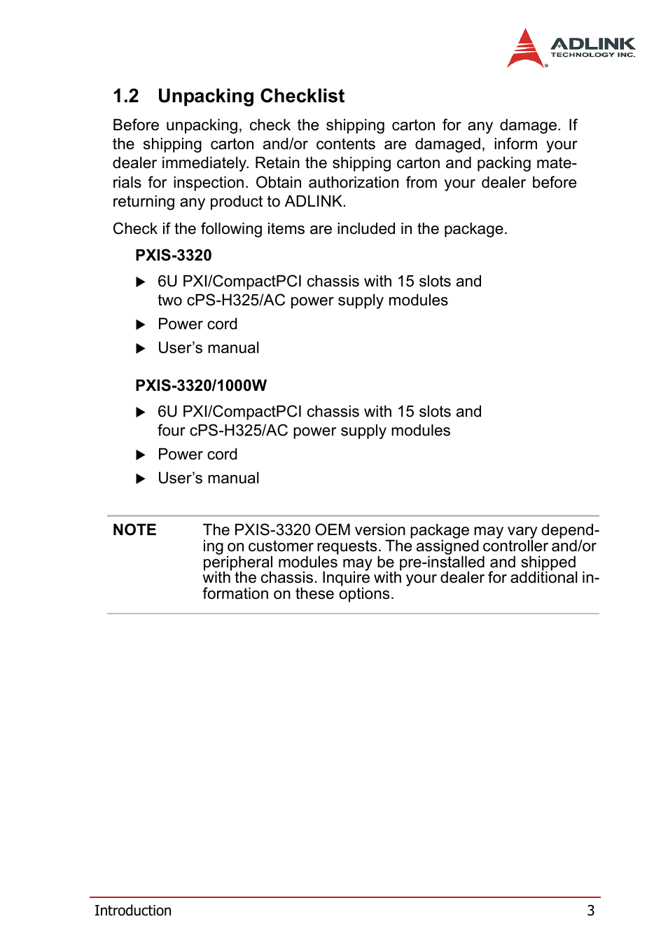 2 unpacking checklist, Unpacking checklist | ADLINK PXIS-3320 User Manual | Page 11 / 50