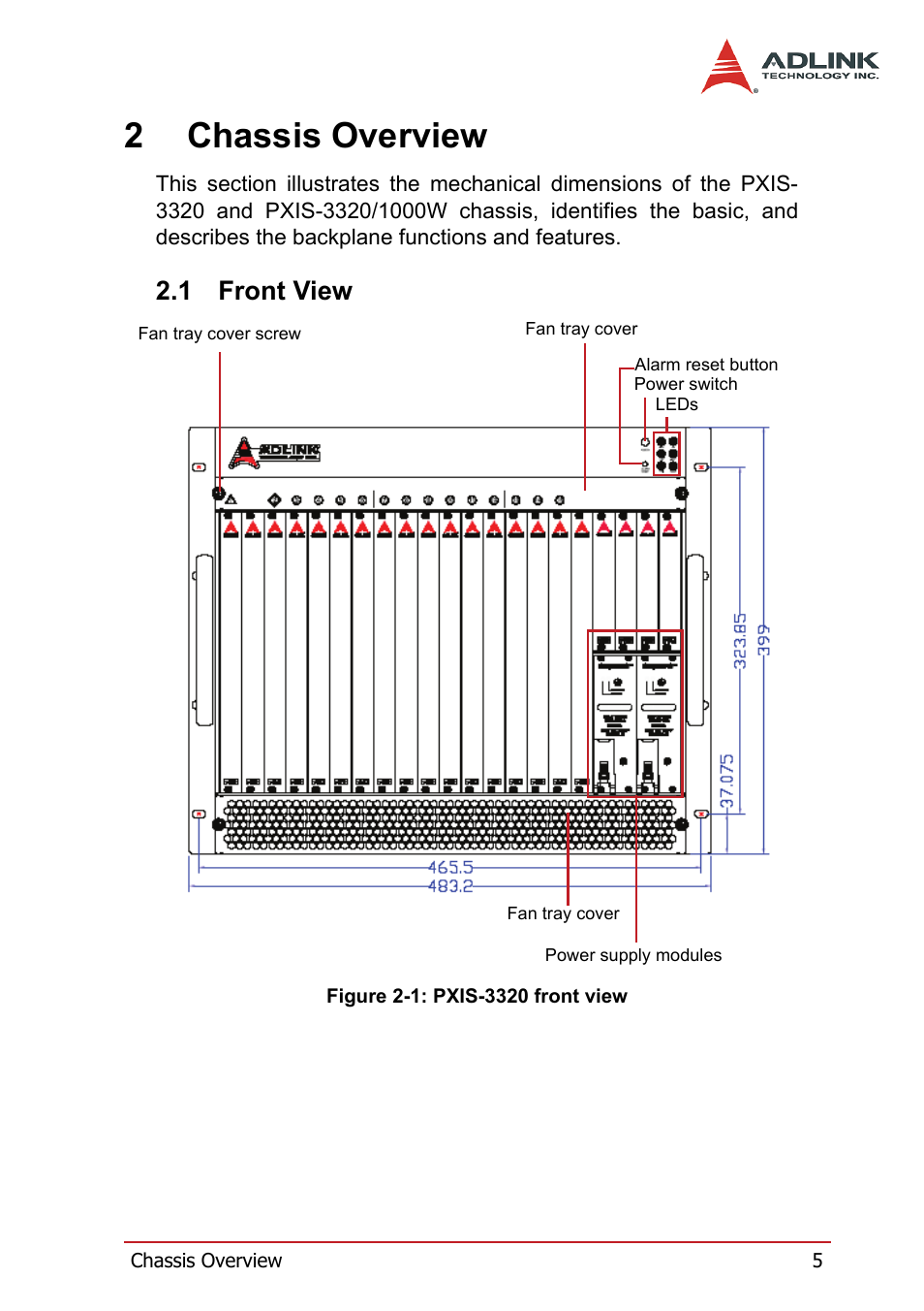 2 chassis overview, 1 front view, Front view | Figure 2-1: pxis-3320 front view, 2chassis overview | ADLINK PXIS-3320 User Manual | Page 13 / 50