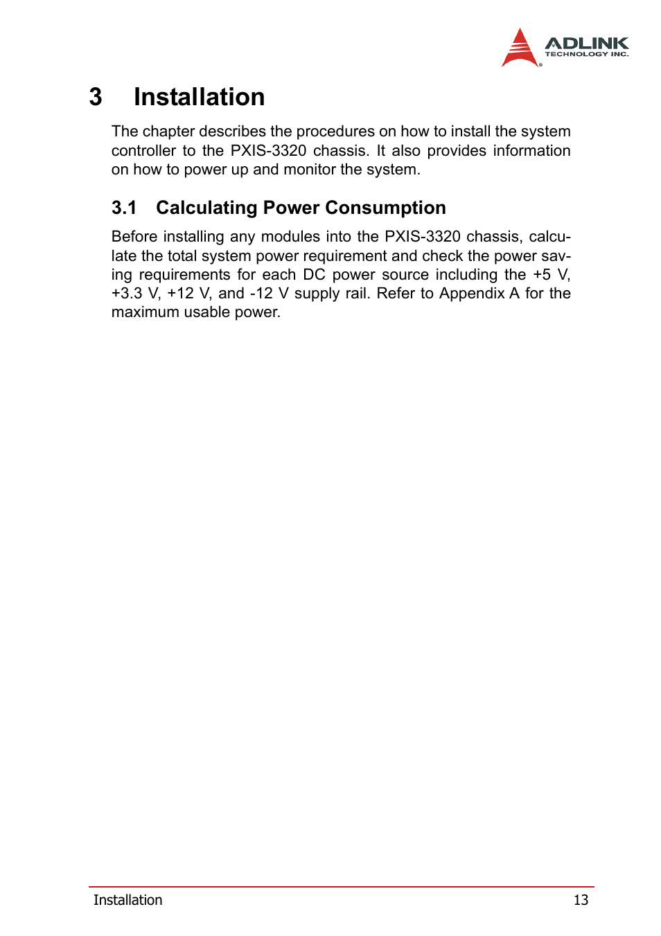 3 installation, 1 calculating power consumption, Calculating power consumption | 3installation | ADLINK PXIS-3320 User Manual | Page 21 / 50