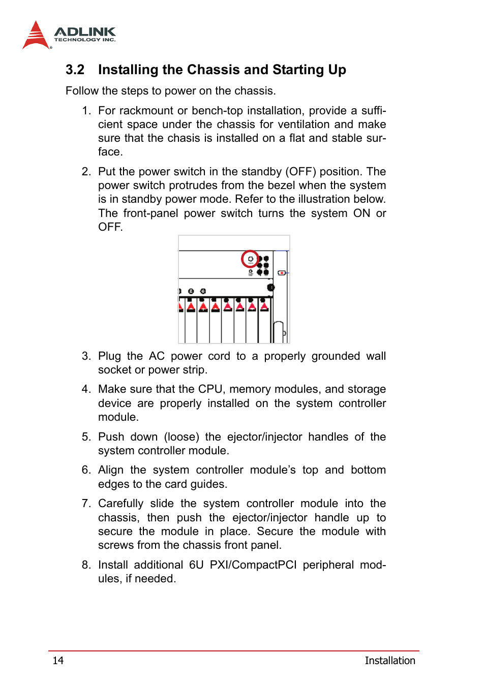 2 installing the chassis and starting up, Installing the chassis and starting up | ADLINK PXIS-3320 User Manual | Page 22 / 50