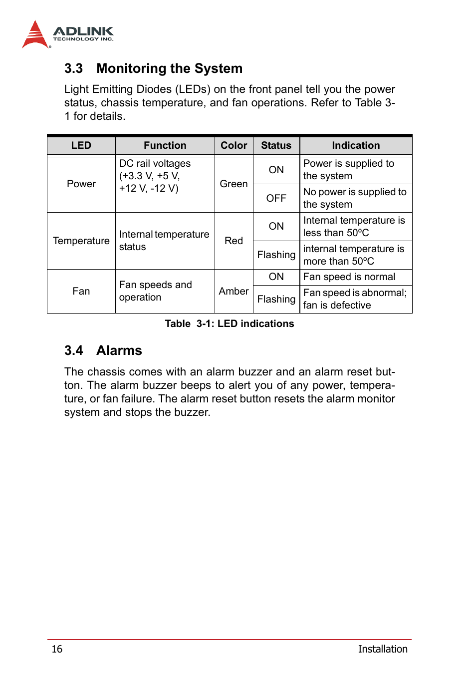 3 monitoring the system, 4 alarms, Monitoring the system | Alarms | ADLINK PXIS-3320 User Manual | Page 24 / 50