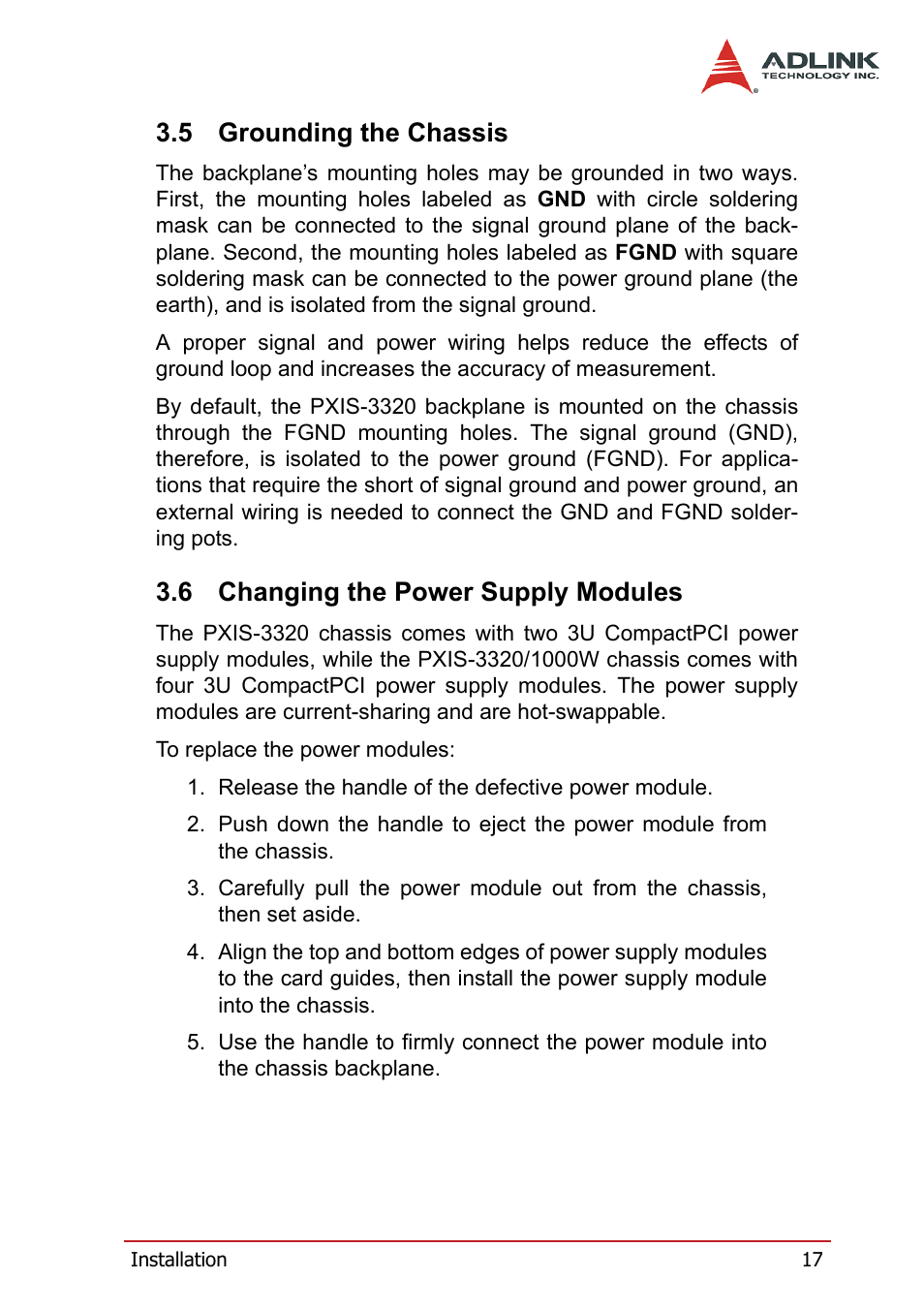 5 grounding the chassis, 6 changing the power supply modules, Grounding the chassis | Changing the power supply modules | ADLINK PXIS-3320 User Manual | Page 25 / 50