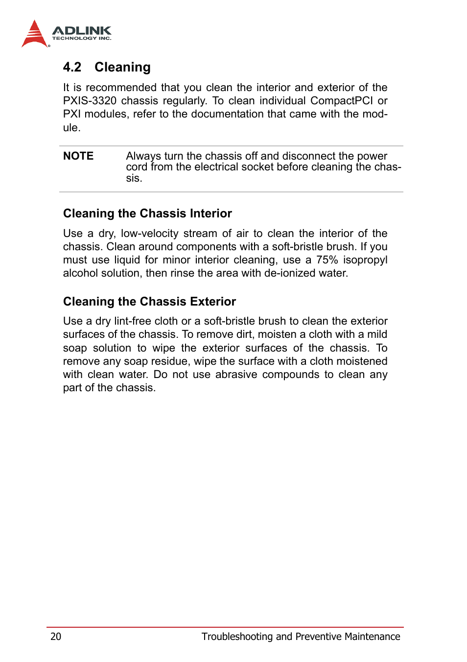 2 cleaning, Cleaning the chassis interior, Cleaning the chassis exterior | Cleaning | ADLINK PXIS-3320 User Manual | Page 28 / 50