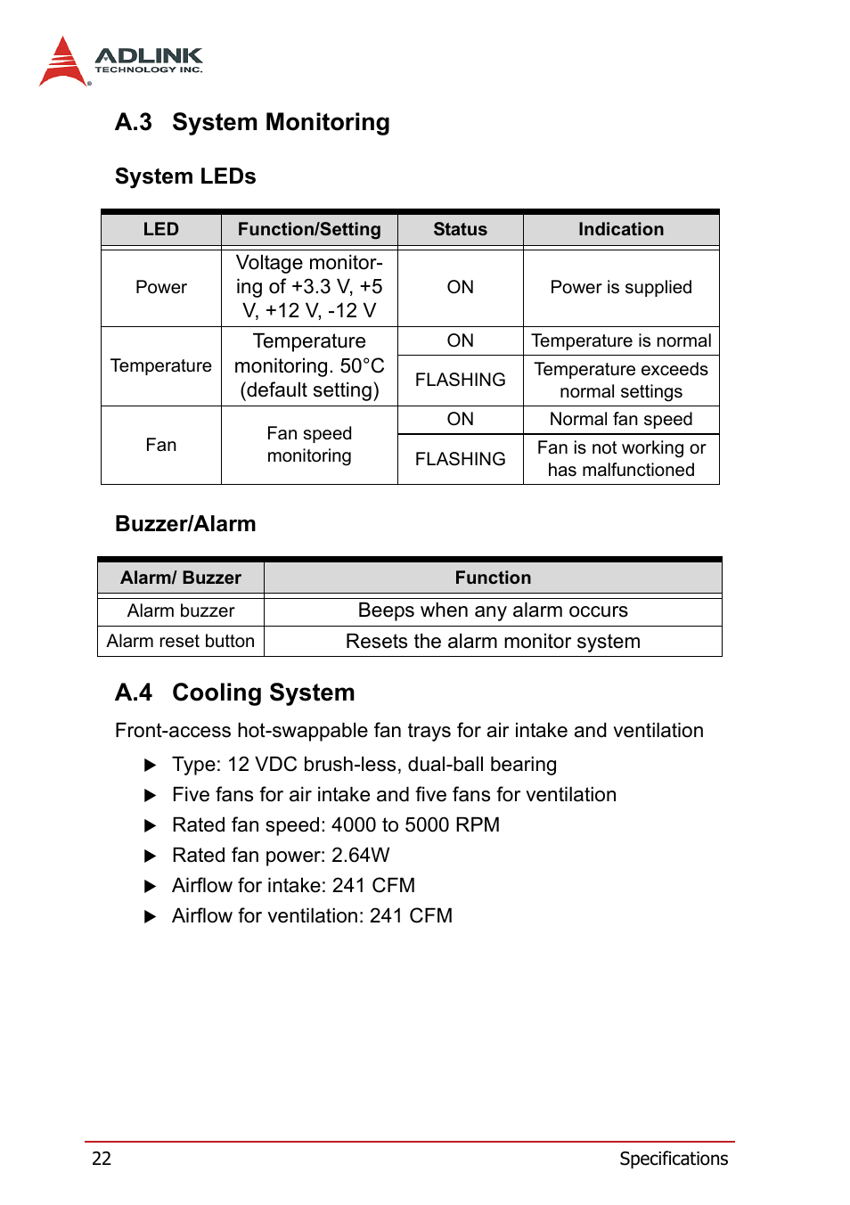 A.3 system monitoring, System leds, Buzzer/alarm | A.4 cooling system, System monitoring, System leds buzzer/alarm, Cooling system | ADLINK PXIS-3320 User Manual | Page 30 / 50