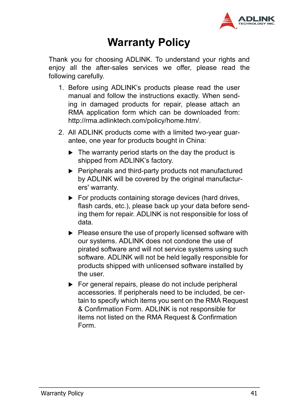 Warranty policy | ADLINK PXIS-3320 User Manual | Page 49 / 50