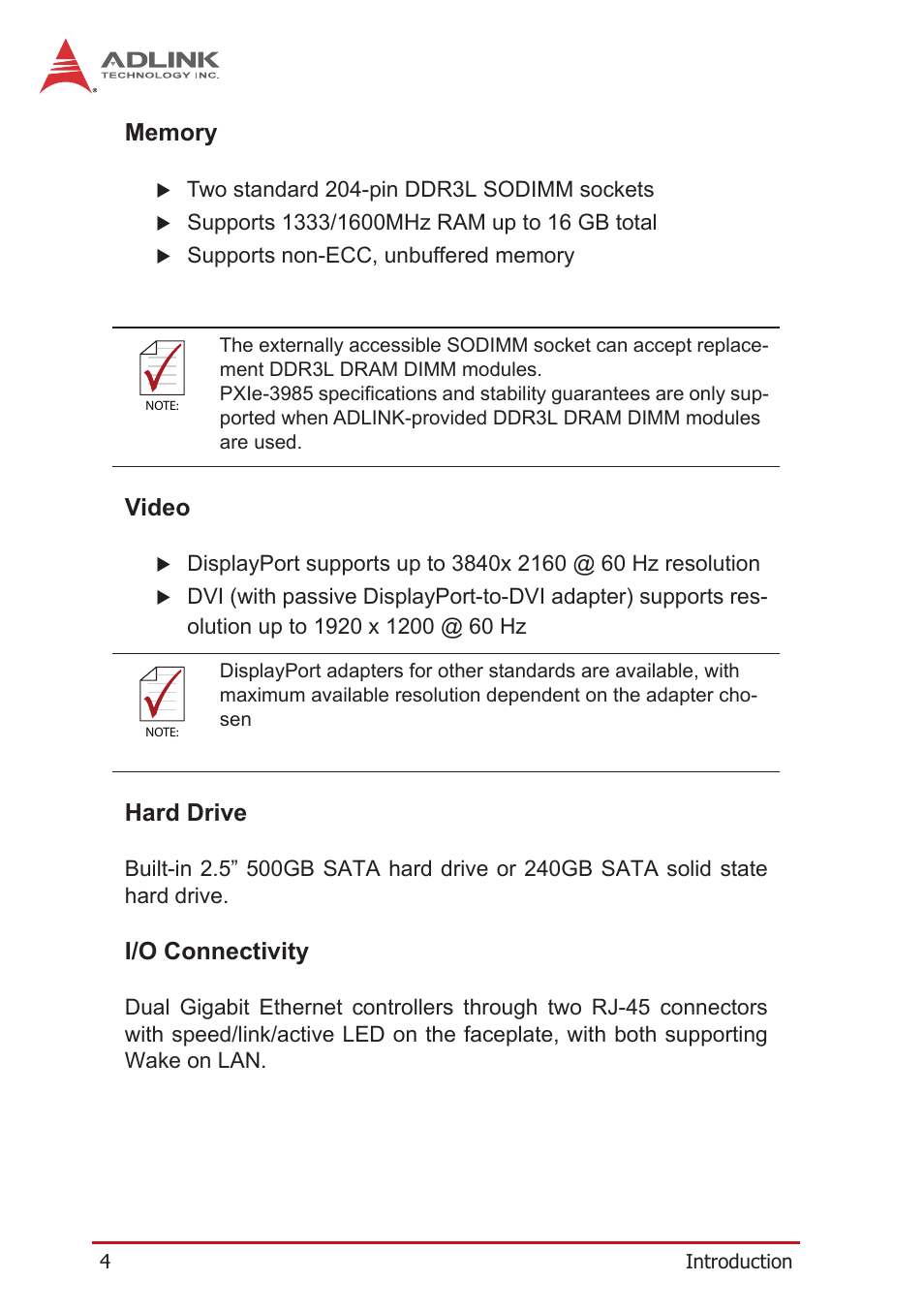 Memory, Video, Hard drive | I/o connectivity | ADLINK PXIe-3985 User Manual | Page 16 / 62