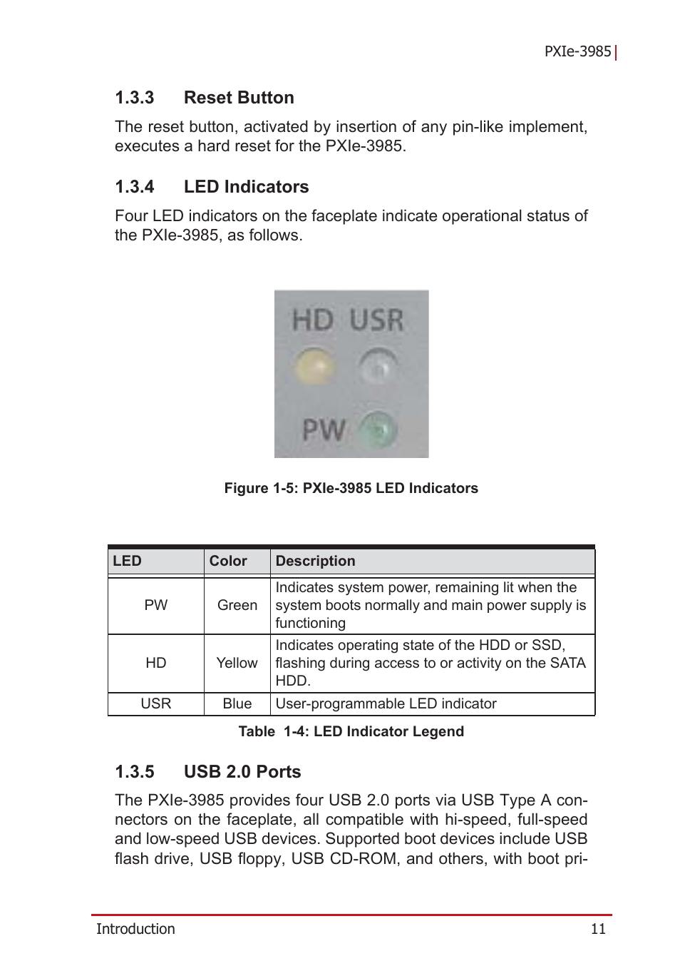 3 reset button, 4 led indicators, 5 usb 2.0 ports | Reset button, Led indicators, Usb 2.0 ports, Figure 1-5: pxie-3985 led indicators, Table 1-4: led indicator legend | ADLINK PXIe-3985 User Manual | Page 23 / 62