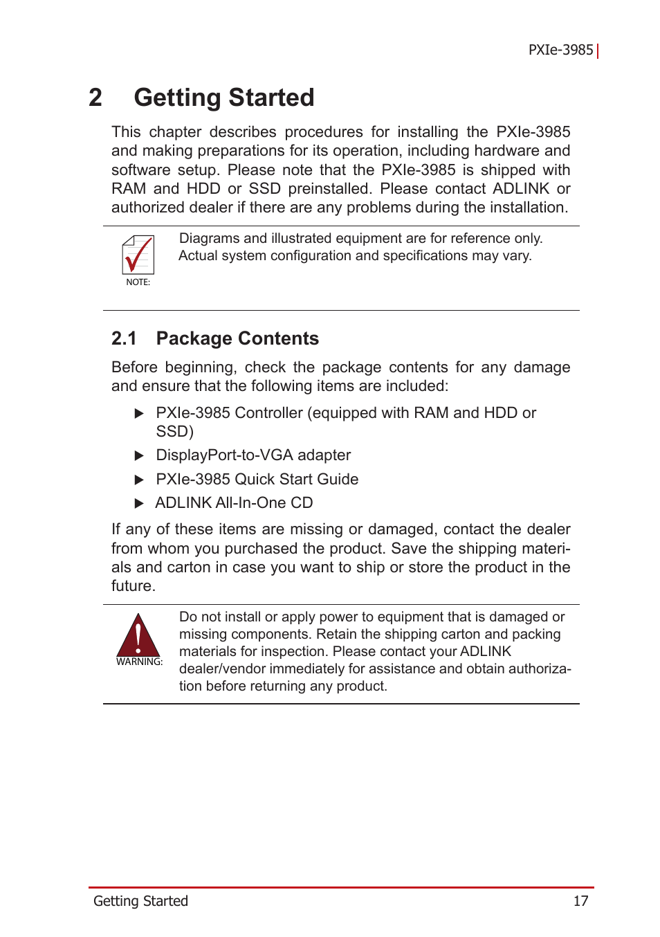 2 getting started, 1 package contents, Package contents | 2getting started | ADLINK PXIe-3985 User Manual | Page 29 / 62