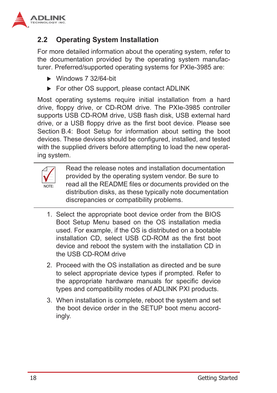 2 operating system installation, Operating system installation | ADLINK PXIe-3985 User Manual | Page 30 / 62