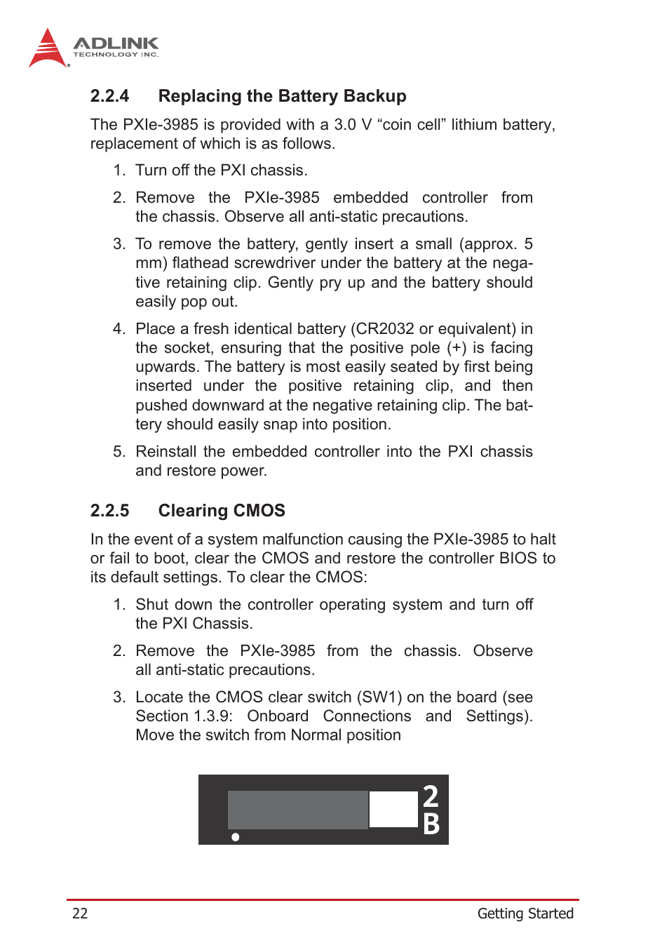 4 replacing the battery backup, 5 clearing cmos, Replacing the battery backup | Clearing cmos | ADLINK PXIe-3985 User Manual | Page 34 / 62
