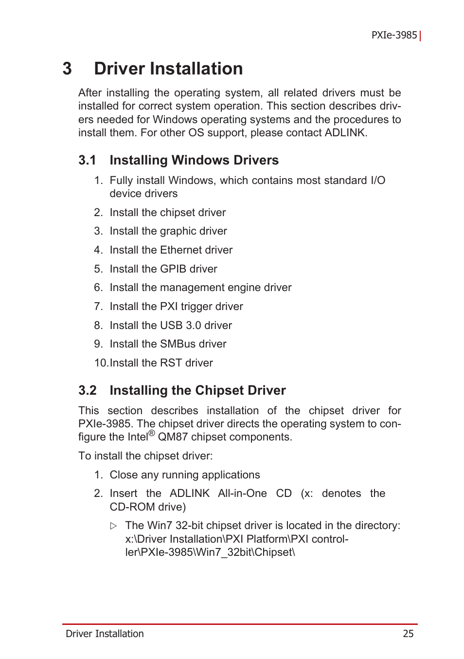 3 driver installation, 1 installing windows drivers, 2 installing the chipset driver | Installing windows drivers, Installing the chipset driver, 3driver installation | ADLINK PXIe-3985 User Manual | Page 37 / 62