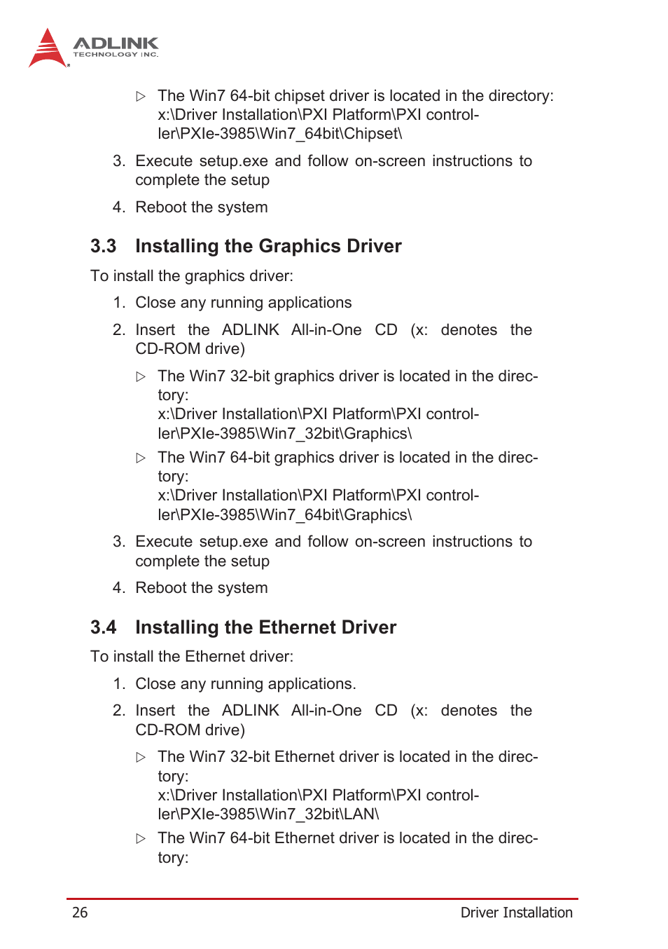 3 installing the graphics driver, 4 installing the ethernet driver, Installing the graphics driver | Installing the ethernet driver | ADLINK PXIe-3985 User Manual | Page 38 / 62