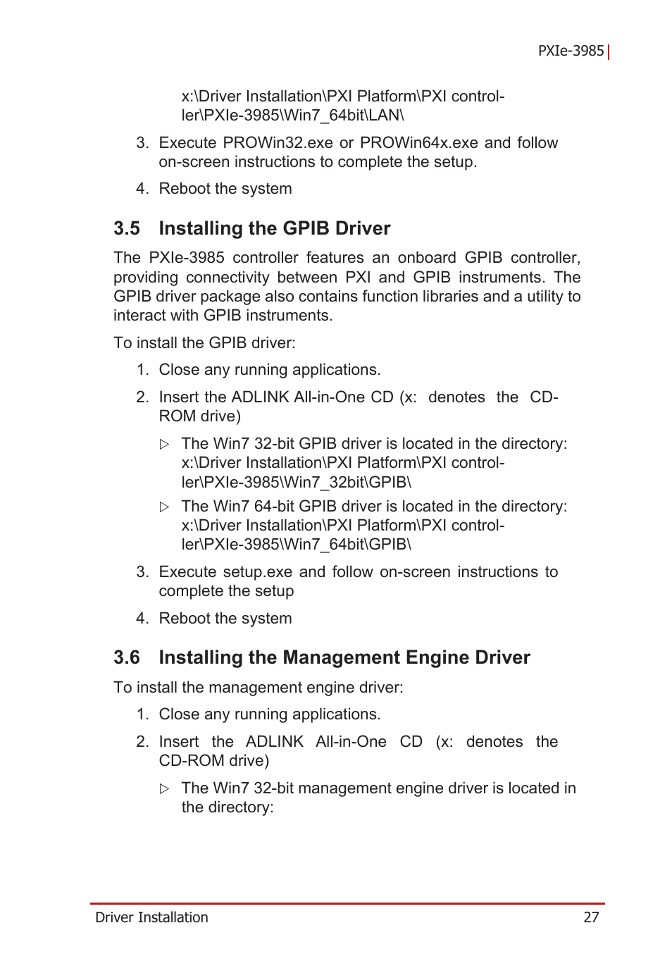 5 installing the gpib driver, 6 installing the management engine driver, Installing the gpib driver | Installing the management engine driver | ADLINK PXIe-3985 User Manual | Page 39 / 62