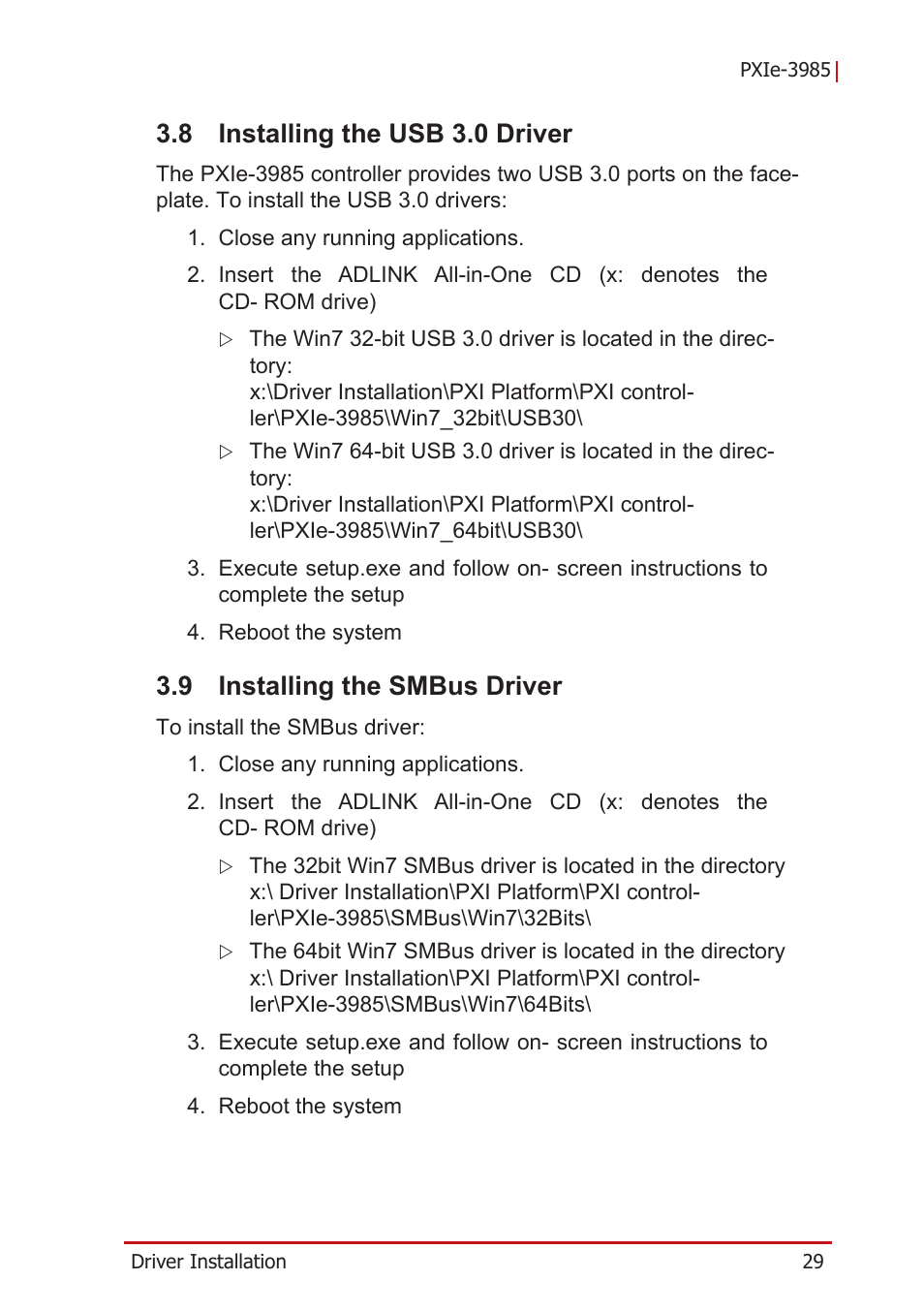 8 installing the usb 3.0 driver, 9 installing the smbus driver, Installing the usb 3.0 driver | Installing the smbus driver | ADLINK PXIe-3985 User Manual | Page 41 / 62