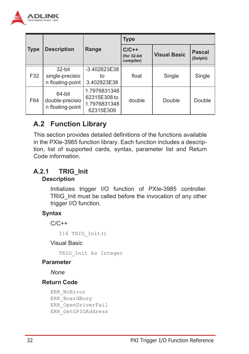 A.2 function library, A.2.1 trig_init, Function library | A.2.1, Trig_init | ADLINK PXIe-3985 User Manual | Page 44 / 62