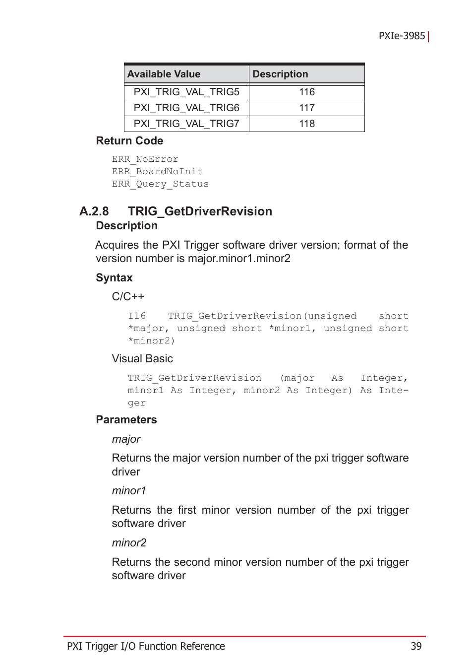 A.2.8 trig_getdriverrevision, A.2.8, Trig_getdriverrevision | ADLINK PXIe-3985 User Manual | Page 51 / 62