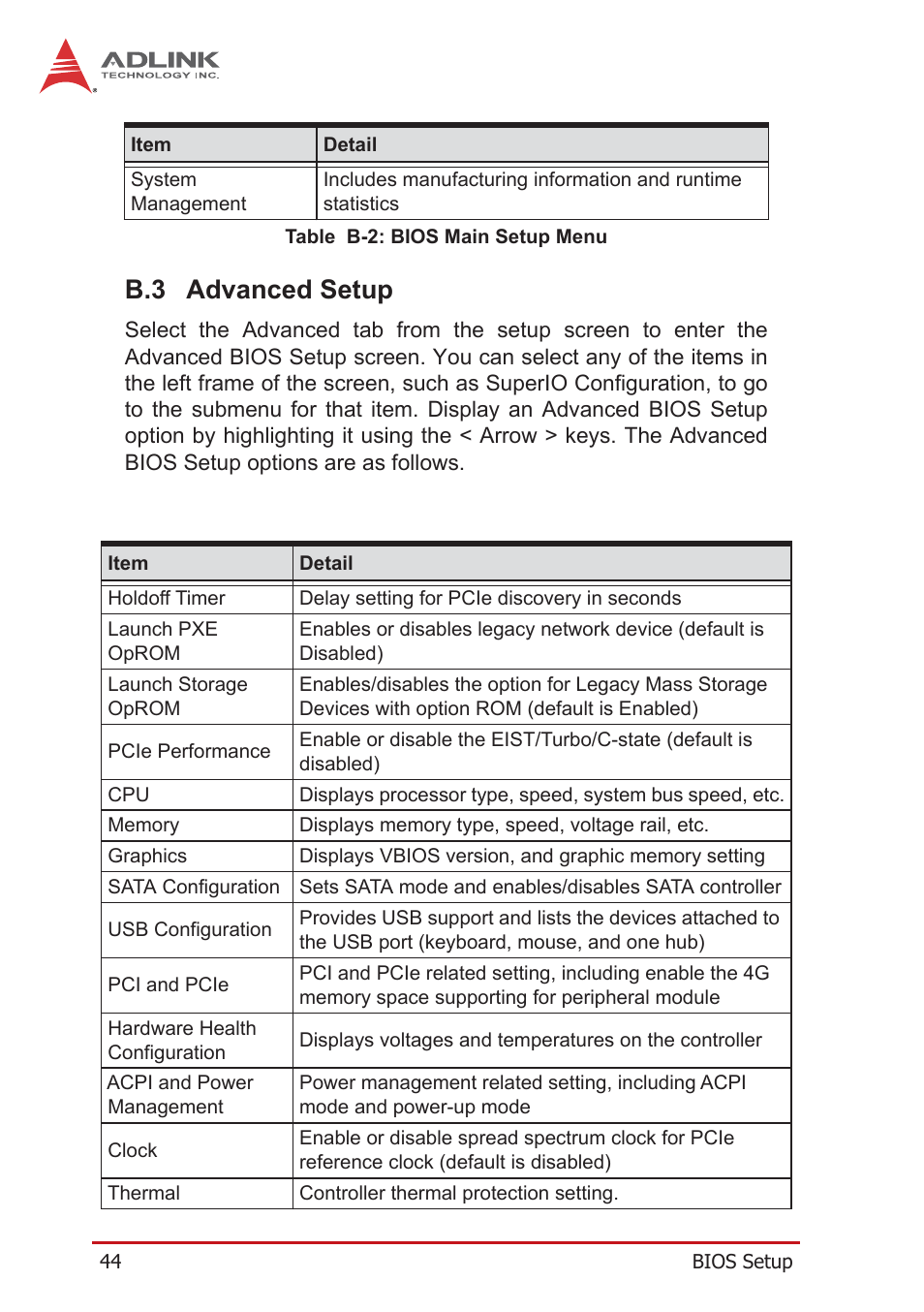 B.3 advanced setup, Advanced setup, Table b-2: bios main setup menu | ADLINK PXIe-3985 User Manual | Page 56 / 62