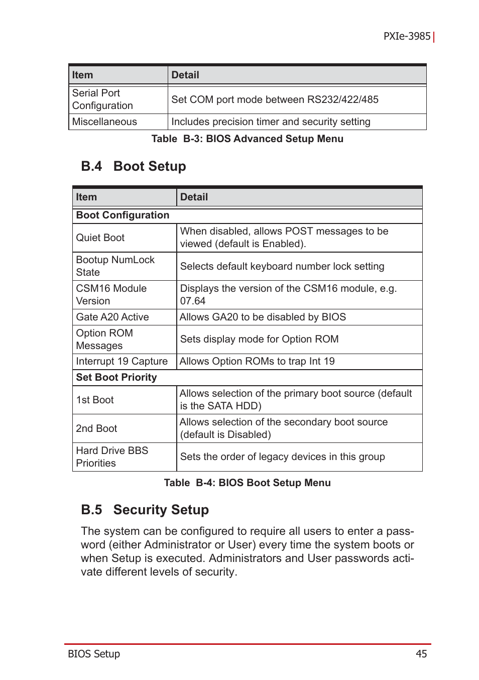 B.4 boot setup, B.5 security setup, Boot setup | Security setup | ADLINK PXIe-3985 User Manual | Page 57 / 62