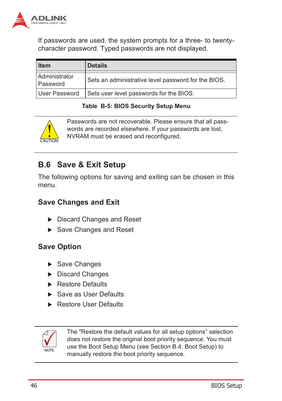 B.6 save & exit setup, Save changes and exit, Save option | Save & exit setup, Table b-5: bios security setup menu | ADLINK PXIe-3985 User Manual | Page 58 / 62