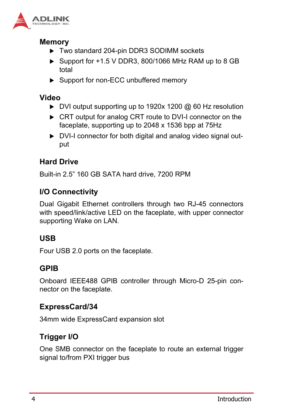 Memory, Video, Hard drive | I/o connectivity, Gpib, Expresscard/34, Trigger i/o | ADLINK PXIe-3975 User Manual | Page 16 / 72