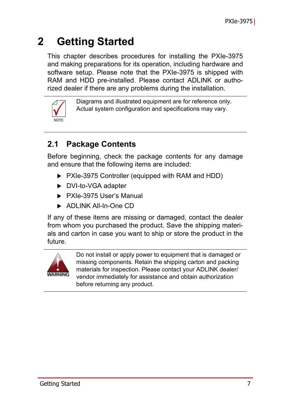2 getting started, 1 package contents, Package contents | 2getting started | ADLINK PXIe-3975 User Manual | Page 19 / 72