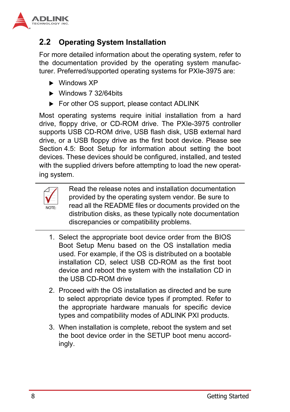 2 operating system installation, Operating system installation | ADLINK PXIe-3975 User Manual | Page 20 / 72