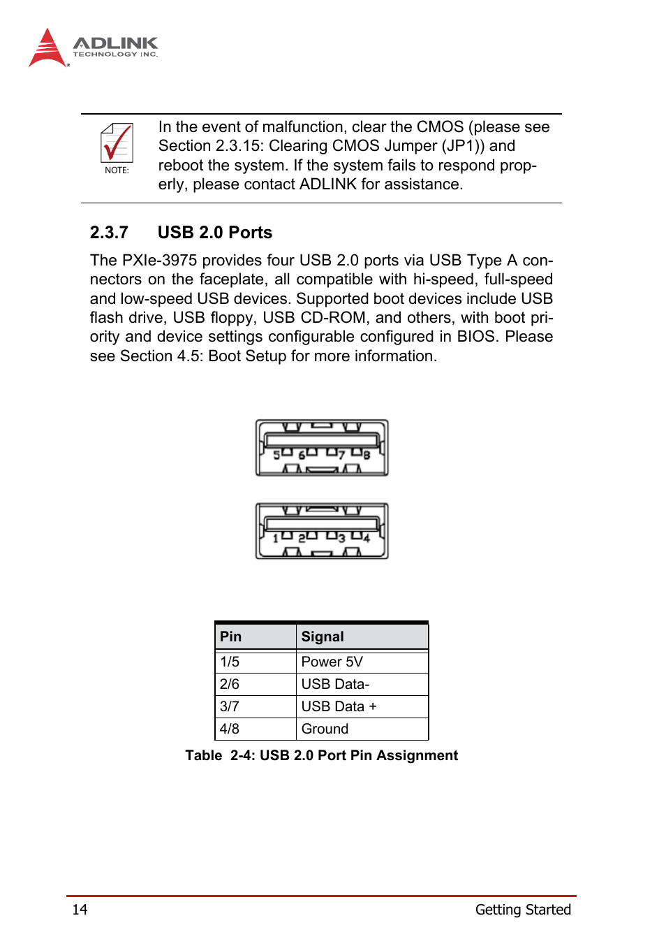 7 usb 2.0 ports, Usb 2.0 ports, Table 2-4: usb 2.0 port pin assignment | ADLINK PXIe-3975 User Manual | Page 26 / 72